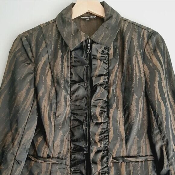 SAMUEL DONG Ruffle Front & Hem Zip-Up Front Blazer Black & Brown Abstract Sz XXS - Picture 2 of 16